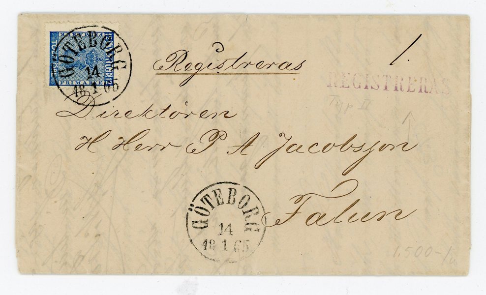 F9 på brev, Göteborg 14.1.65 samt notering och STÄMPEL