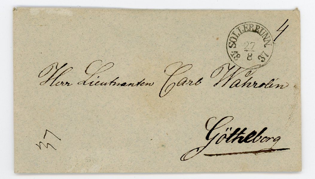 BÅG Sollebrunn 27.8.37, typ 2 på lyx-brevomslag.