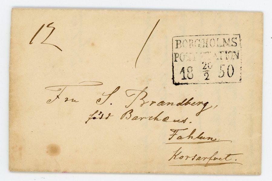 4-KANT Borgholms Poststation 20.2.50, prakt-brevomslag. Ovanlig!