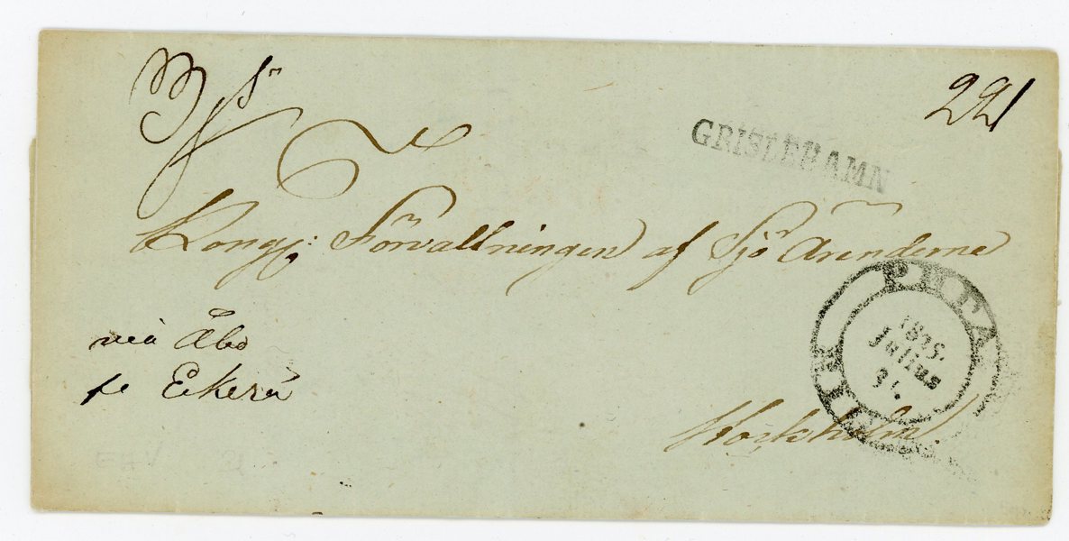 UTLAND: Brev-omslag från Riga till Stockholm 1825.