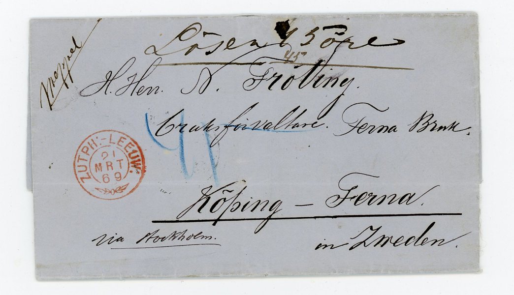 UTLAND: Brev frpn Nederländerna till Köping/Ferna 1869.
