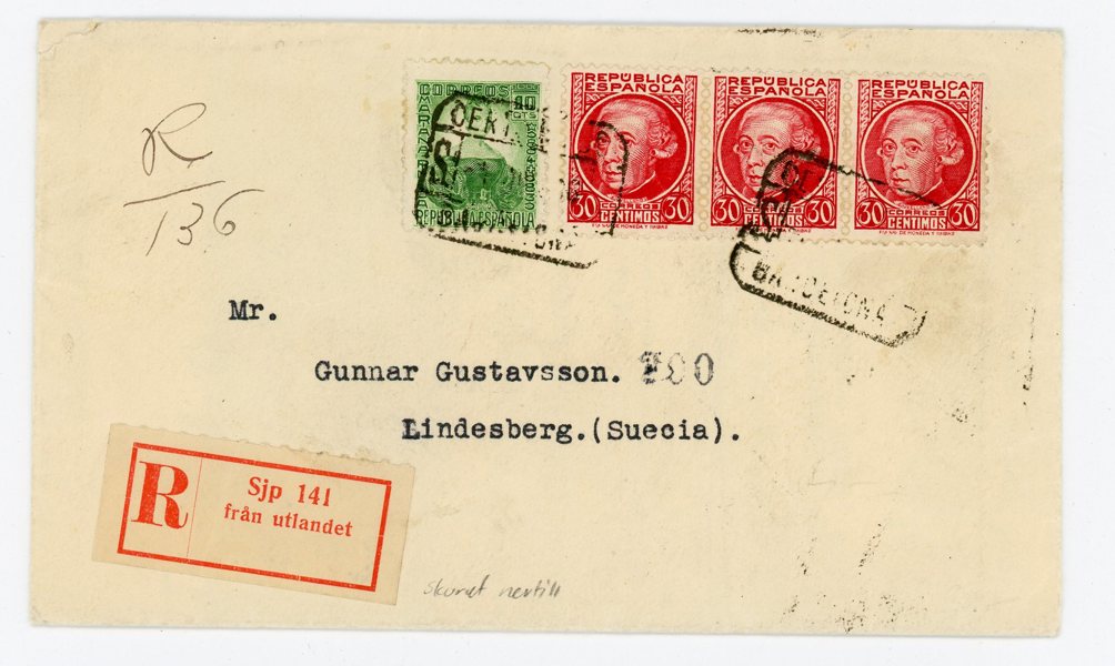 Trelleborg-Sassnitz: Rekbrev från Spanien till Lindesberg 1936, sällsynt Rek-etikett.