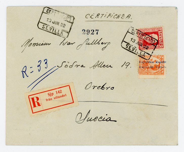 Trelleborg-Sassnitz: Rekbrev från Sevilla till Örebro 1932 med den