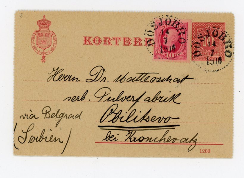 F54 på 10 öre Kb till SERBIEN, Dösjöbro 14.7.10, ank.stpl.