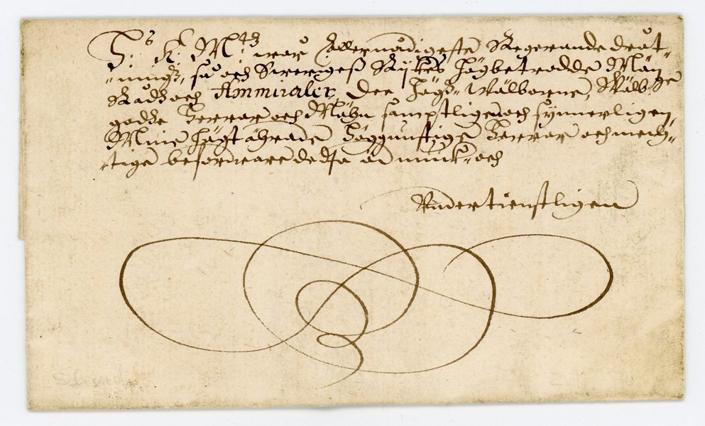 Vackert brev-omslag med sex rader titlar till Amiralitetet 1645.