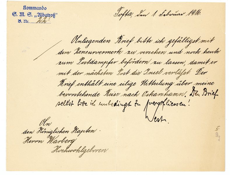 ALBATROSS: dokument undertecknat av Fregattenkapitän West 1916.