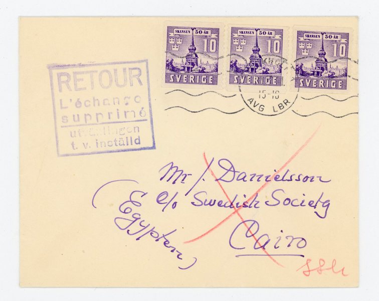 F339 (3ex) på returnerat brev till Egypten 1941.