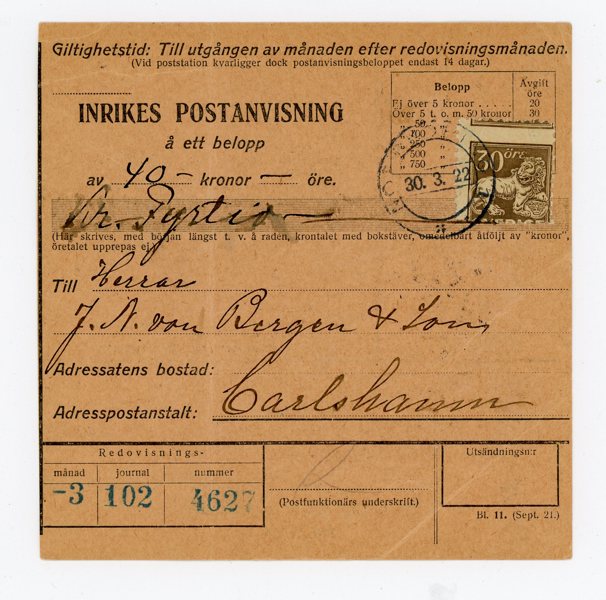 F148Cv Extremt felperforerat ex på Postanvisning 1922.