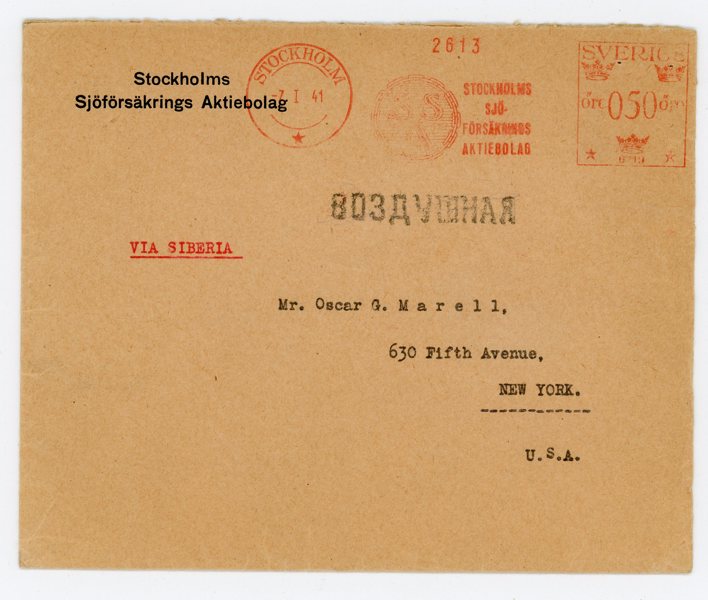 Brev från Stockholm 7.1.41 till USA via Sibirien.
