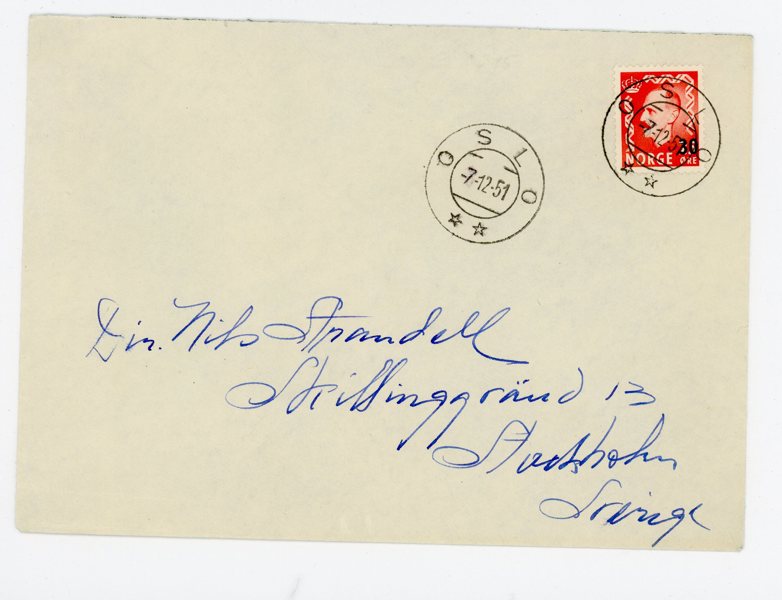 NORGE F400 FDC Oslo 7.12.51. Till Nils Strandell