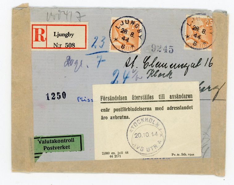 F277 (2ex) Brev till Belgien, Ljungby 28.8.44 + etikett