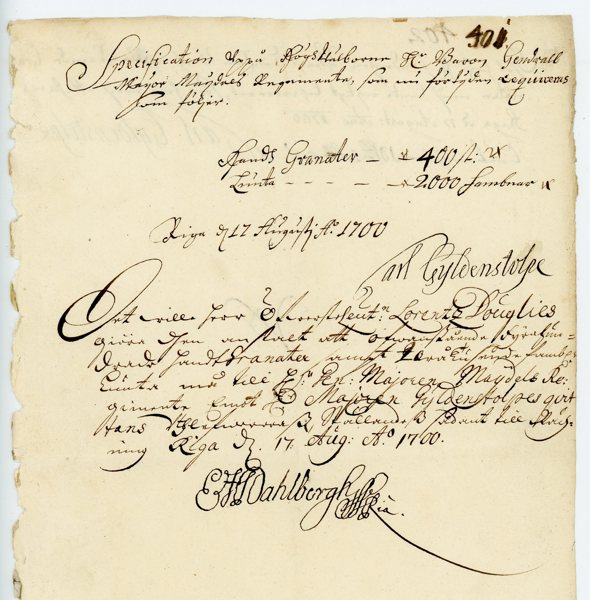 ERIK DAHLBERG: signerat dokument i Riga år 1700.