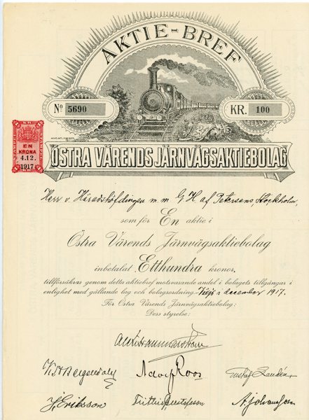 AKTIEBREV Östra Värends Järnvägs AB, 100kr Växjö 1917.