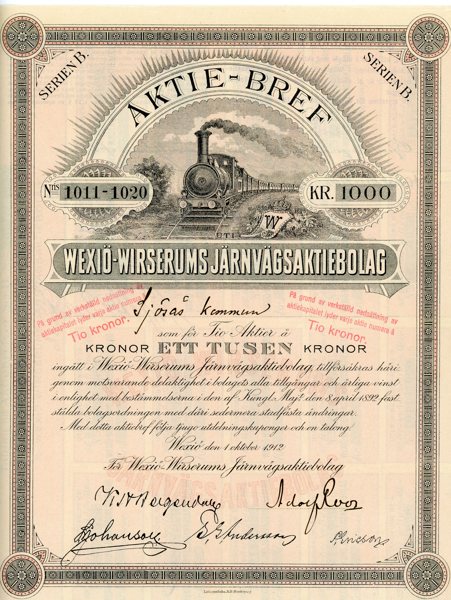 AKTIEBREV Wexiö-Wirserums Järnvägs AB, 1000kr Wexiö 1912.