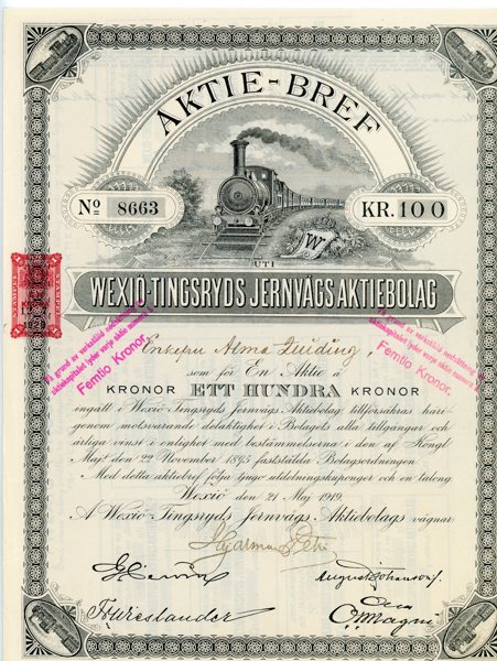 AKTIEBREV Wexiö-Tingsryds Jernvägs AB, 100kr Wexiö 1919.