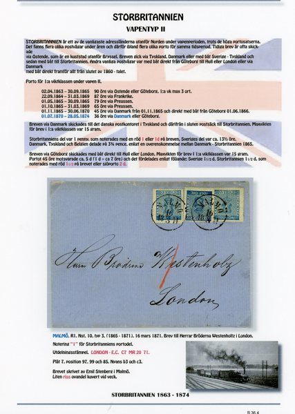 F9b3 och c3 Tre ex på brev till England, Malmö 16.3.71, vackert monterat.