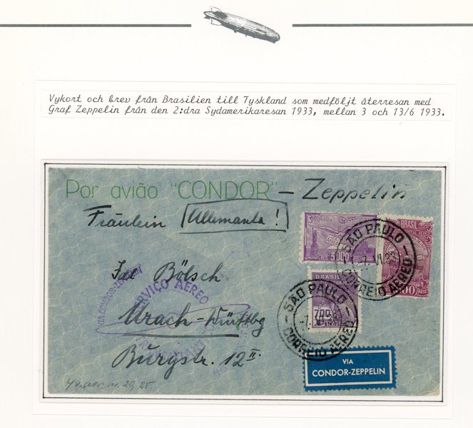 REICH Zeppelin; brev från Brasilien till Tyskland 1933.