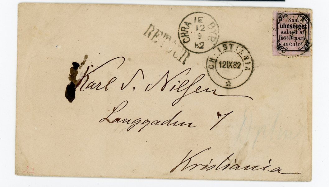 NORGE RM1 på brev, Christiania 12.9.82, ovanligt med datumstämpel.