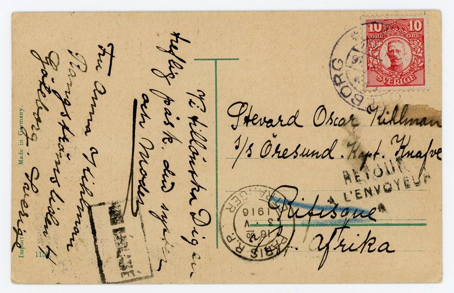 F82 på brev till SENEGAL, Göteborg 1916. Transit Paris 3.5.16.