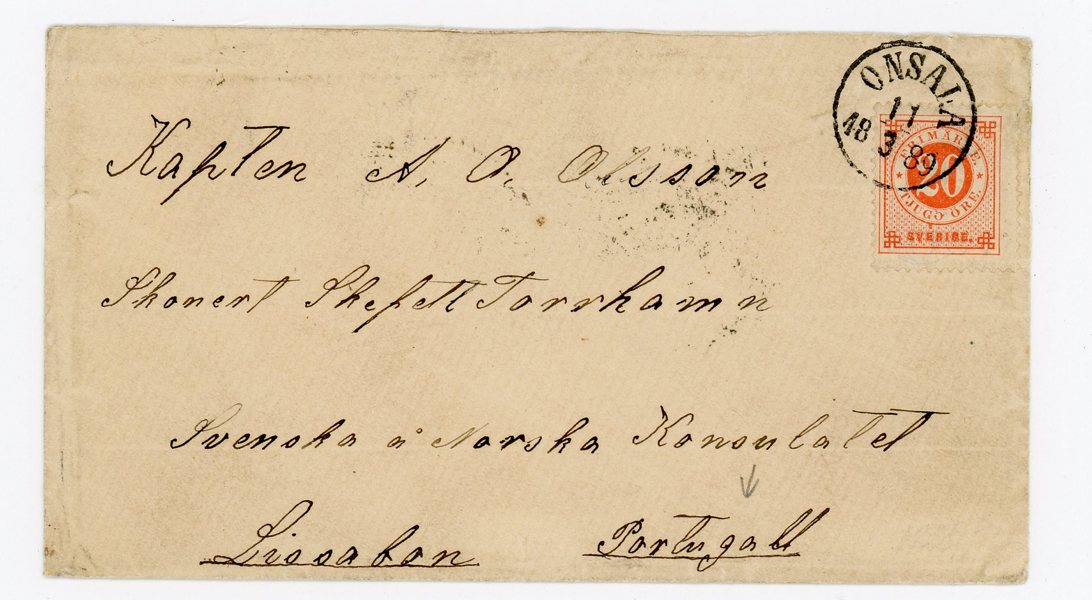 F46a på praktbrev till Portugal, Onsala 11.3.89, sign O.P.