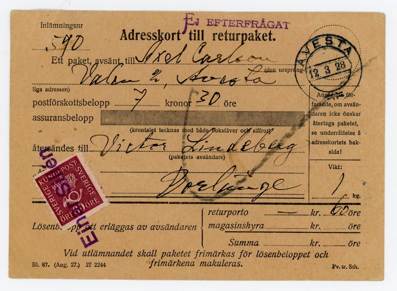 F163 som lösen på Adresskort till returpaket, stämplat EINAR SILLÉN