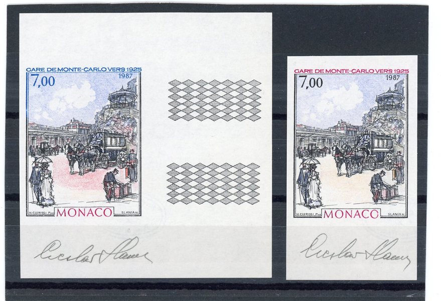 SLANIA: Monaco Mi 1842 xx, två ex i olika färg-ställningar, båda sign.