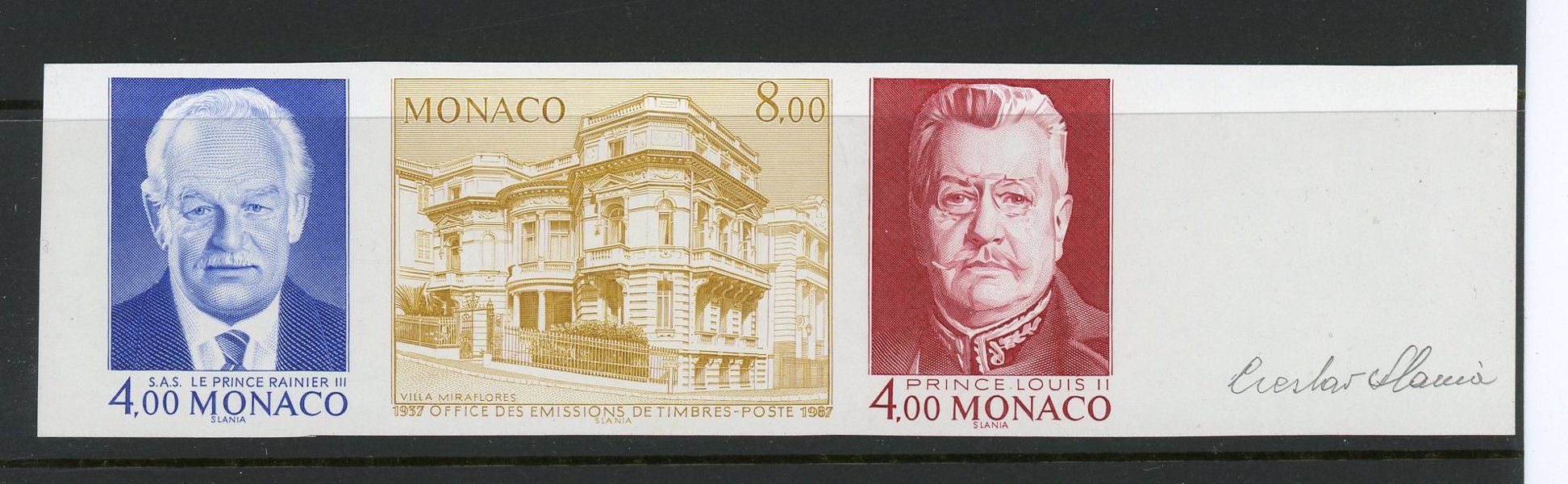 SLANIA: Monaco Mi 1781/83 xx Provtryck i tre-strip, sign. Unikt?