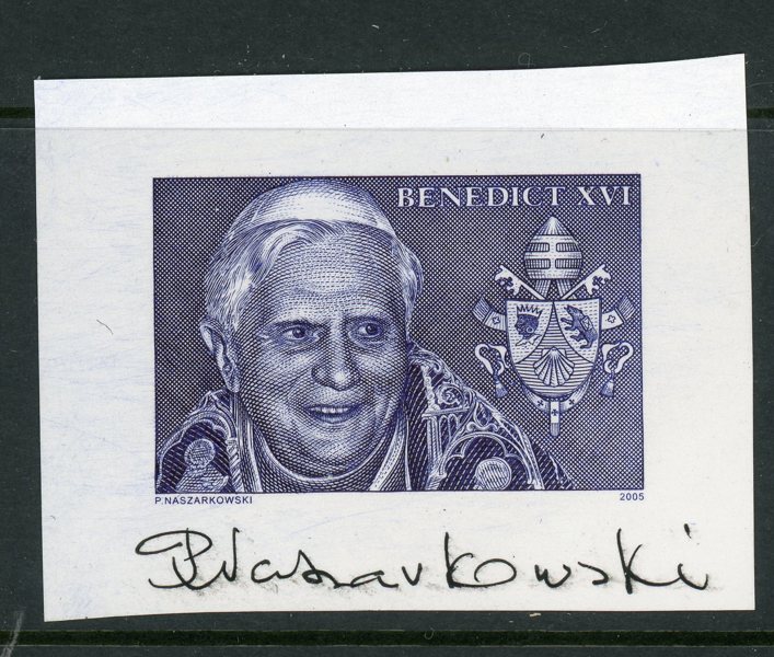 Piotr Naszarkowski: gravyr Påve Benedictus XVI i mörkblå färg, sign.