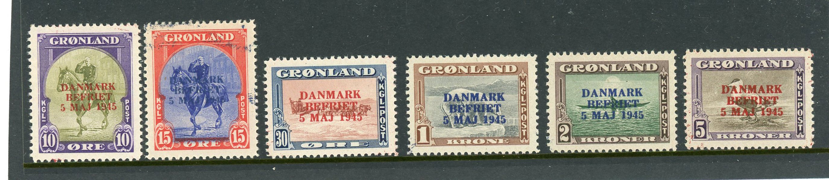 GRÖNLAND Danmark Befriet; 6st xx/x ex med fel färger.