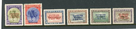 GRÖNLAND Danmark Befriet; 6st xx/x ex med fel färger.