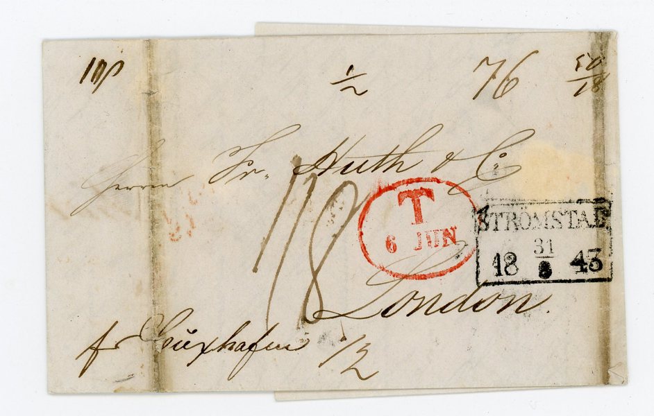 NORGE: brev från Bergen till England 1843, transit Strömstad och Hamburg.