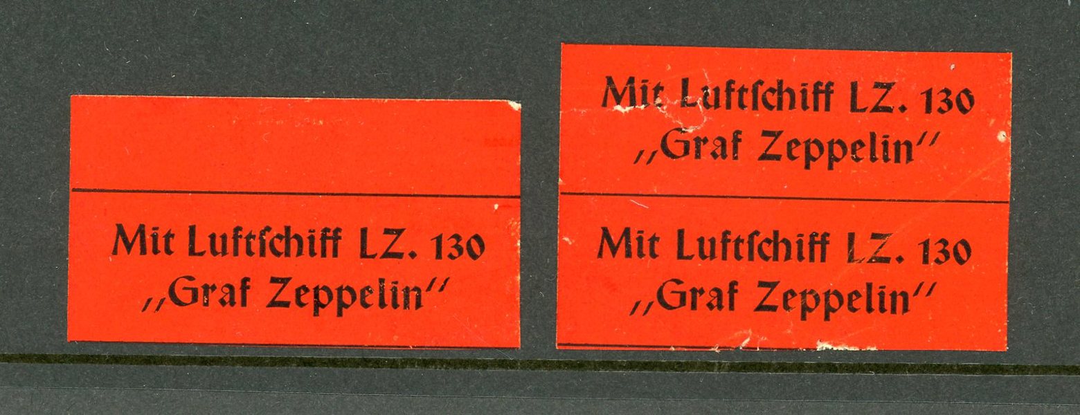 REICH: tre sällsynta ZEPPELIN Luftpost-etiketter, röd färg.