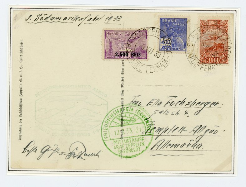 BRASILIEN: Zeppelin-vykort till Tyskland 1933.