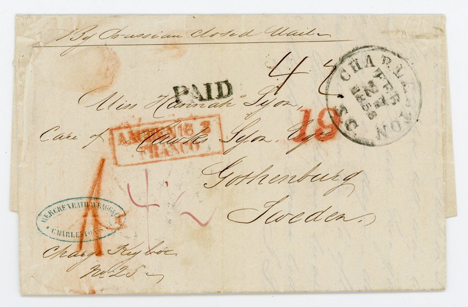 BREV från Charlston till Göteborg 1858.