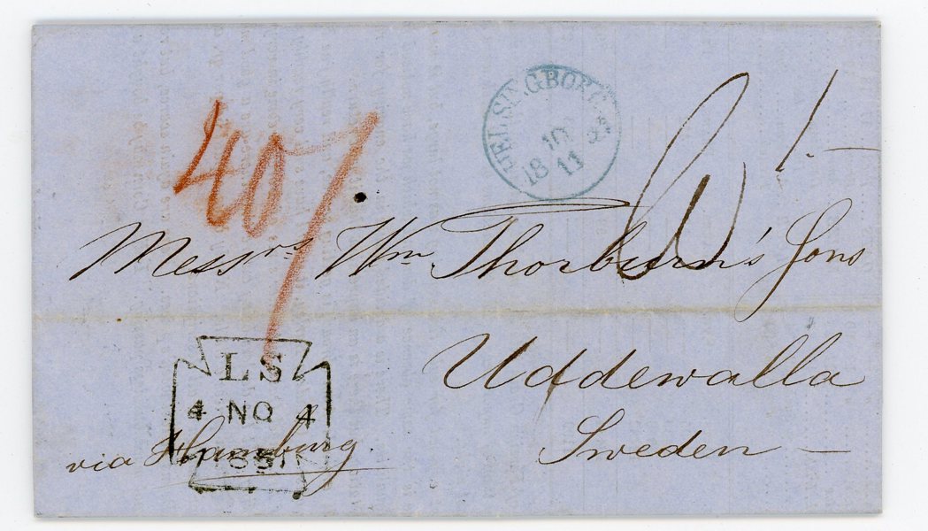 Brev från London till Uddevalla via Hamburg 1851