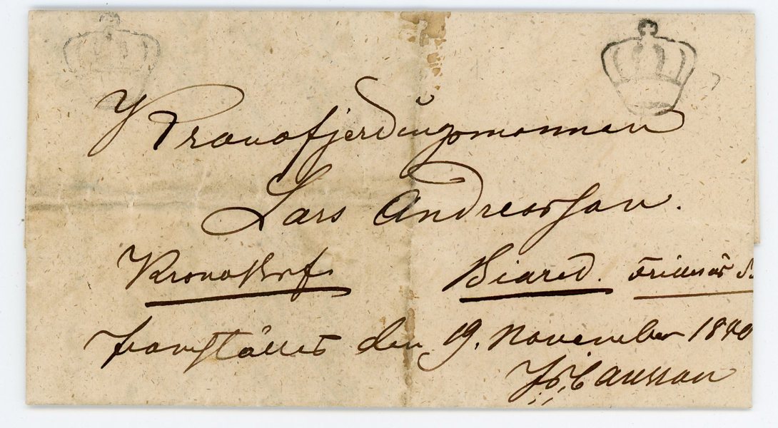 Kronopostbrev daterat Rya till Biared 1850.