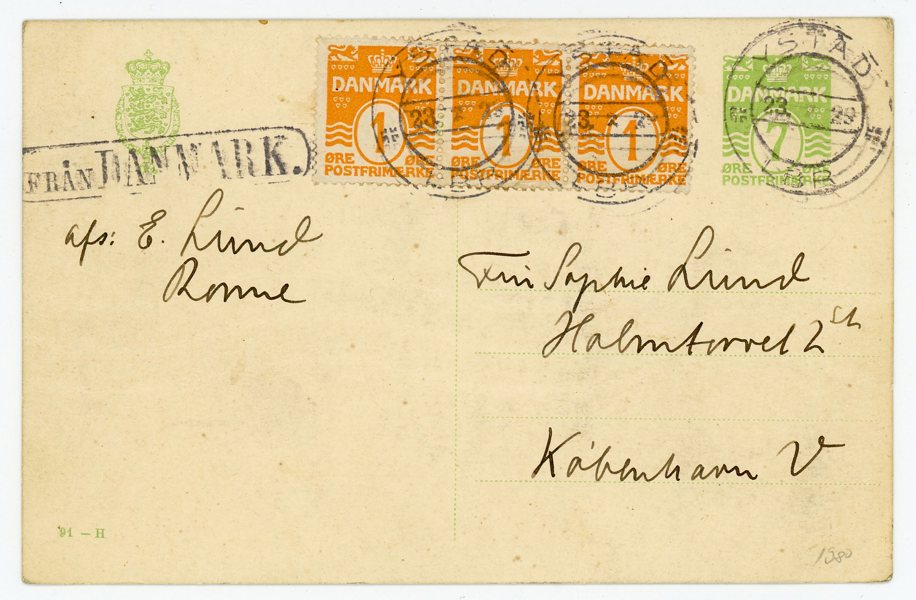 Helsak från Bornholk till Köpenhamn, YSTAD 23.3.29 + FRÅN DANMARK.