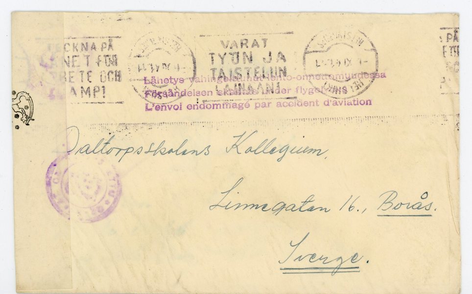 KRASHPOST-brev Från Finland till Borås 1941.