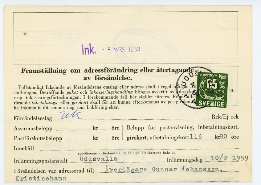 65ö Hällristningar på adress-ändring för GIRO-KORT, Uddevalla 4.3.59.