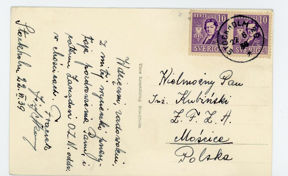 F320BC SINGLE på vykort till Polen, Stockholm 22.6.39, ovanligt prakt-objekt.