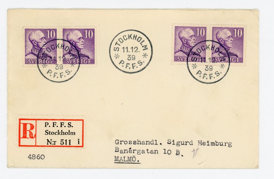 FDC 11.12.39 AA + CB på Rekbrev, Stockholm PFFS. Ovanligt.