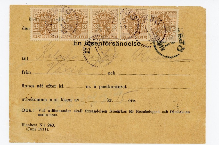 Tjänste 42 (5ex) som lösen på Lösen-blankett, Eksjö 10.11.19.