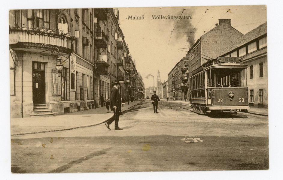 VYKORT Malmö; Möllevångsgatan med spårvagn frank. 1922