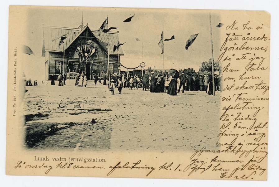 VYKORT Lunds VESTRA Järnvägs-station skriven ca 1900, hörnveck.