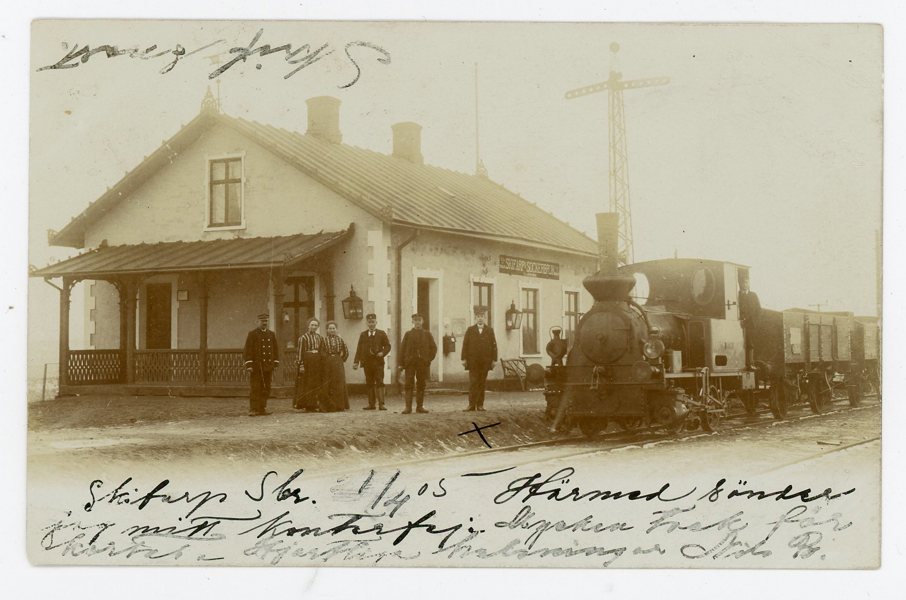VYKORT Skifvarp Sockerbruk Järnvägs-station ä f frankerad 1905