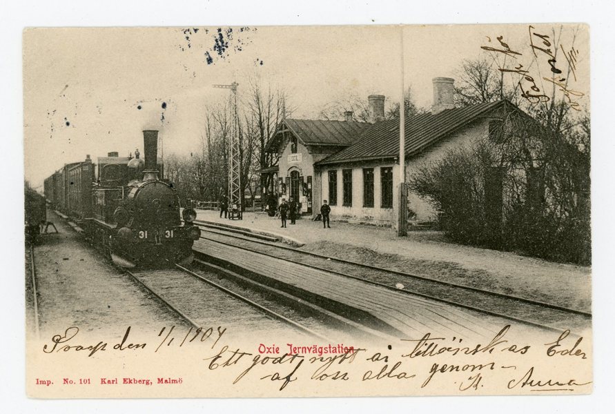 VYKORT Oxie Järnvägs-station frankerad 1904