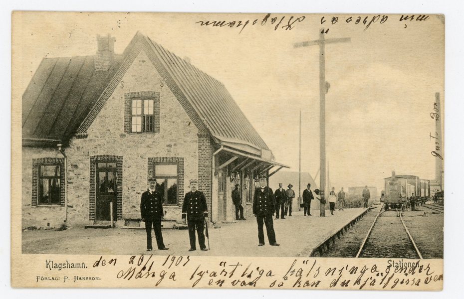 VYKORT Klagshamn Järnvägs-station m lok, personal frankerad 1904