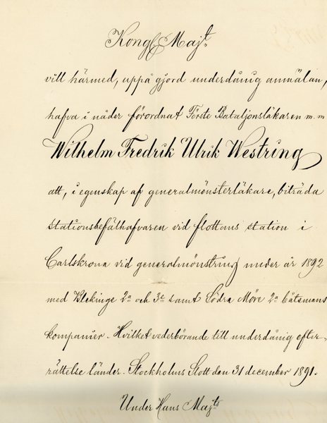 HANDSKRIFT (Kronprins) GUSTAF på utnämning till generalmönsterläkare 1891