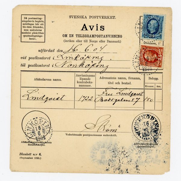 F55 och 56 på Avis om en Telegram-postanvisning MED Telegrammet.