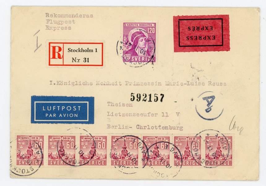 F336 samt F331 i sju-strip på Rek-Express Luftpost-brev till Tyskland.